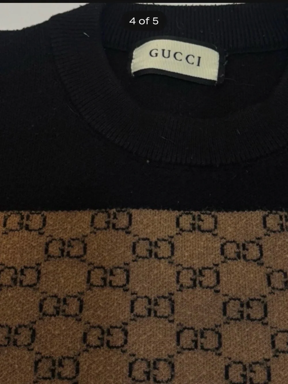 Gucci Black Knit Crewneck with Tan GG Panel and Green/Red Stripes